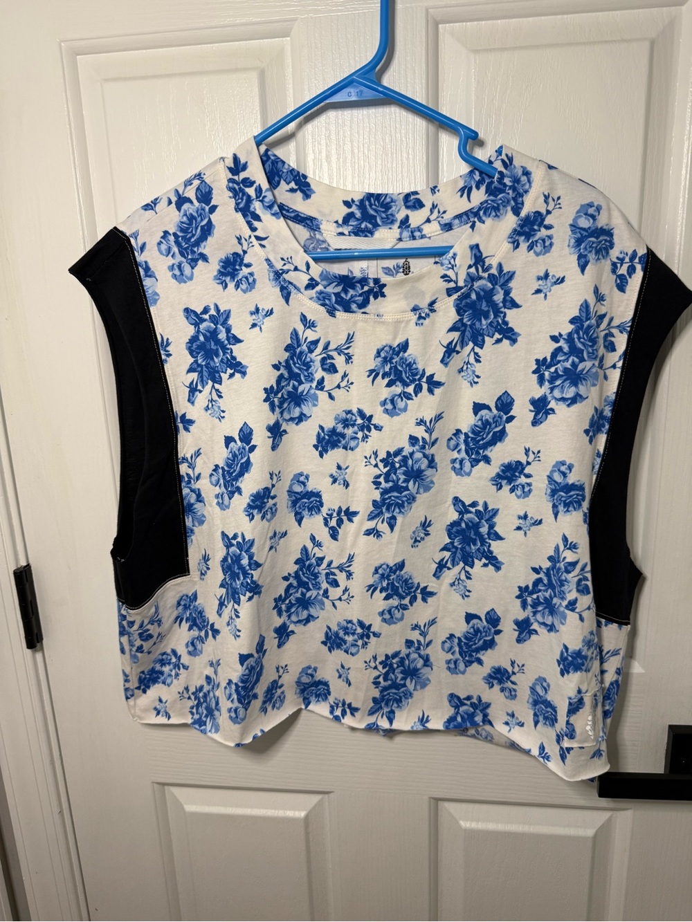 FP Movement by Free People Blue Floral Tank Top with Black Panels
